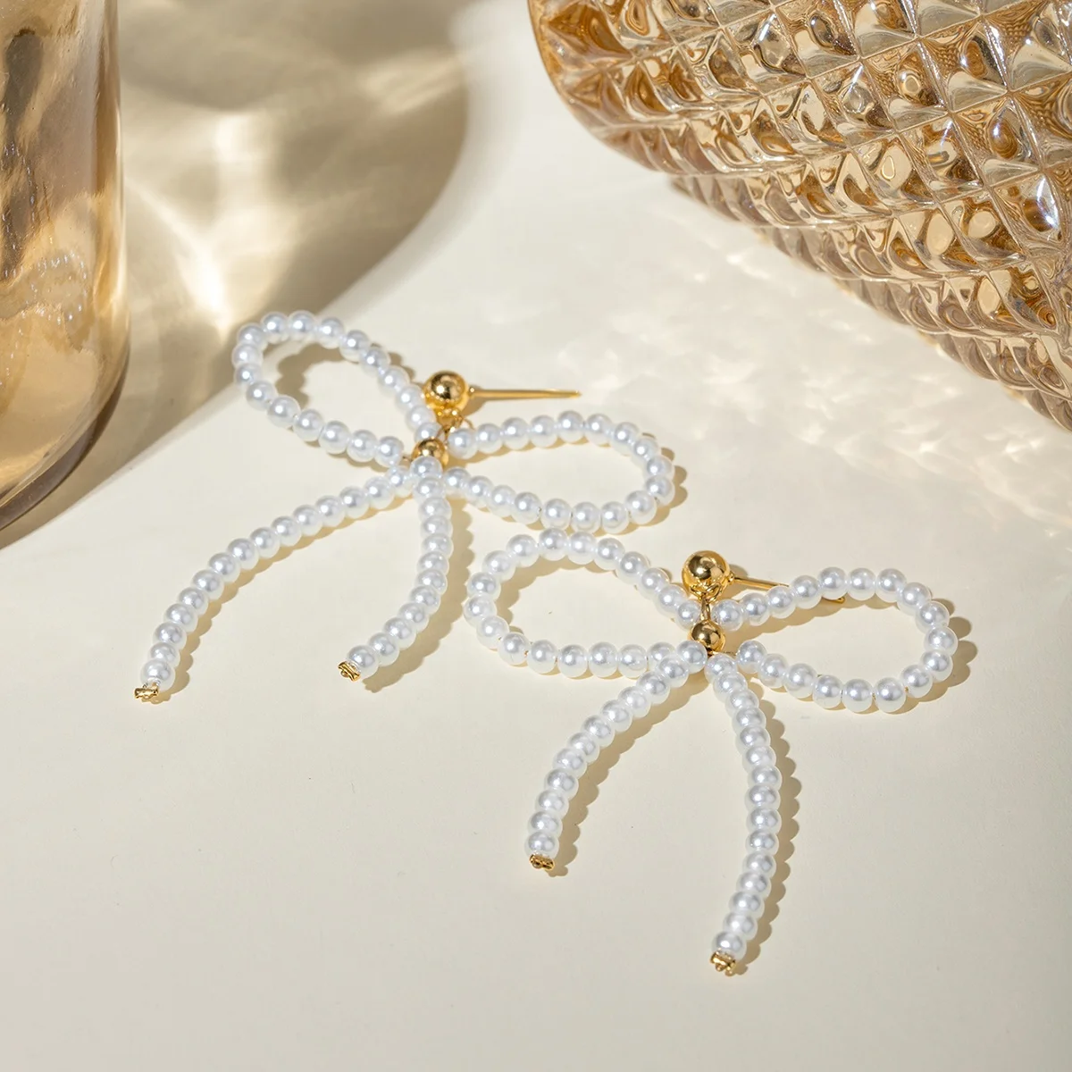 J&D Cute Bowknot Beads Design Glass Pearl 18K Real Gold PVD Plated Stainless Steel Bow Stud Earrings For Girls Daily