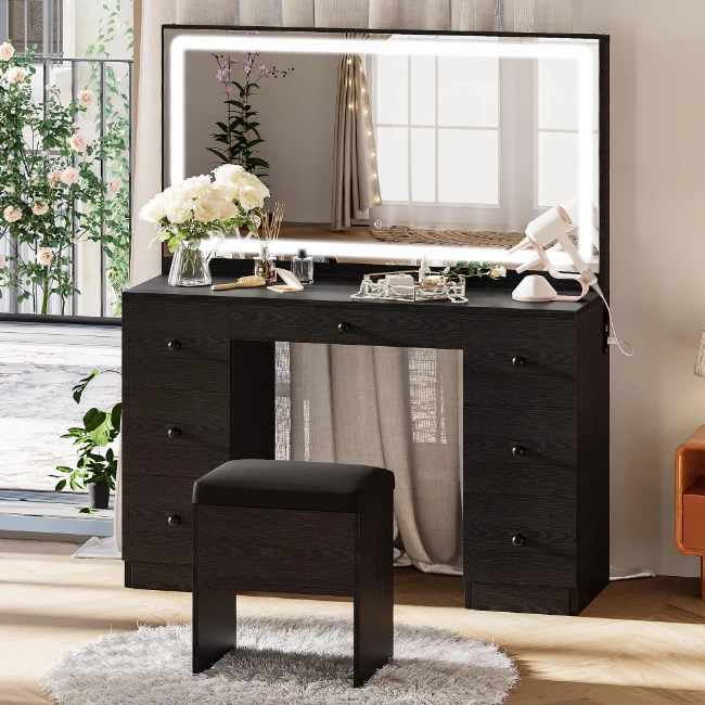 HZT-12 Vanity Makeup Desk Set with LED Lighted Mirror Bedroom Vanities Table with Stool Black