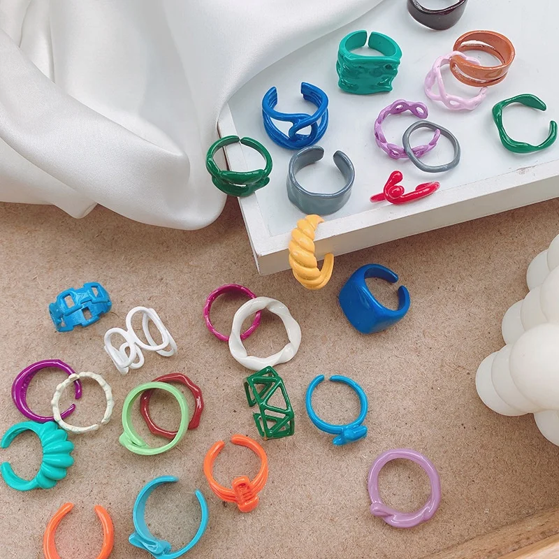 2021 Trendy Colorful Dripping oil Geometric Rings Hand-painted Irregular Rainbow Neon Enameled Painted Open Ring Women Jewelry