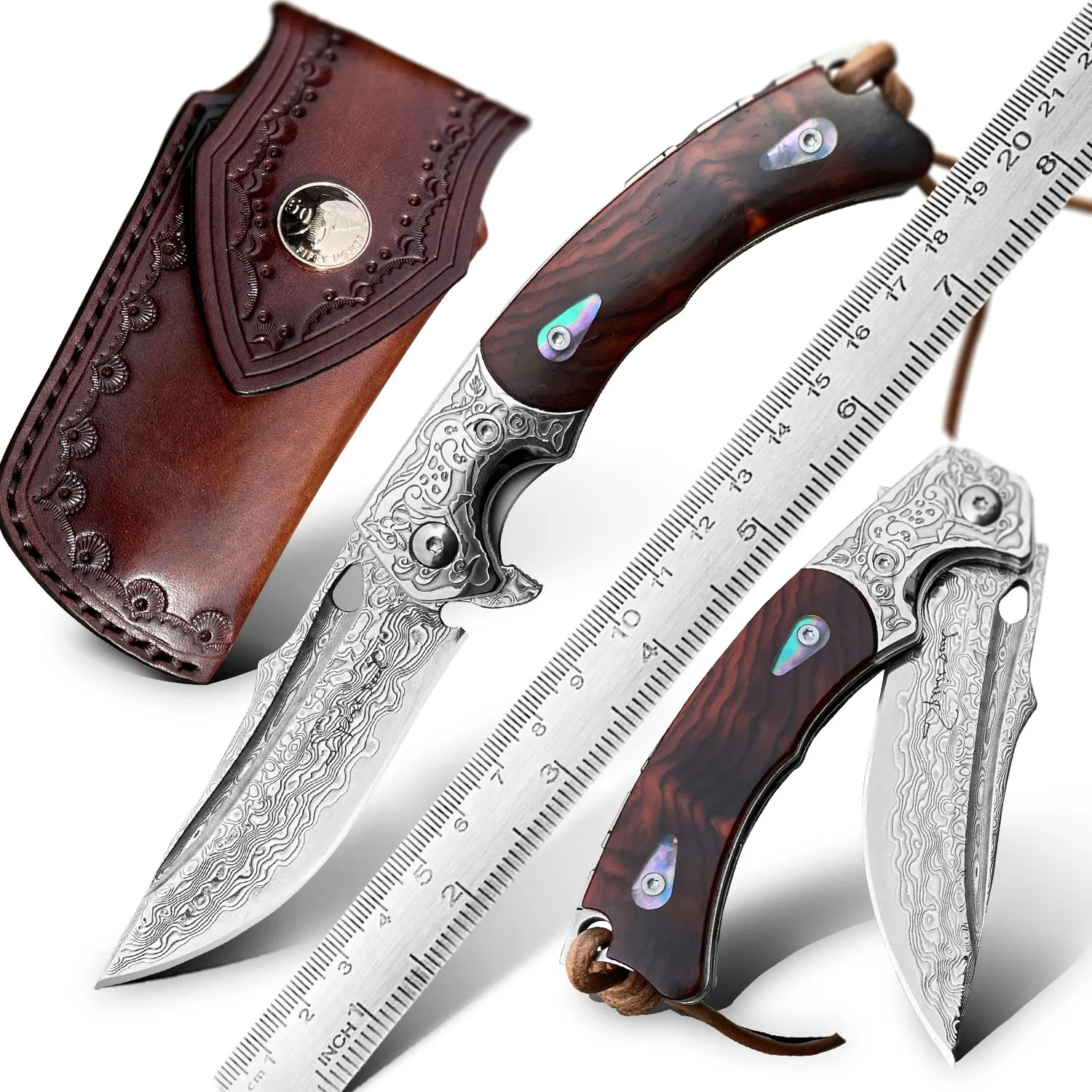 High Quality Damascus Sheathed Shell Handle Portable EDC Knife for Survival Gift Collection