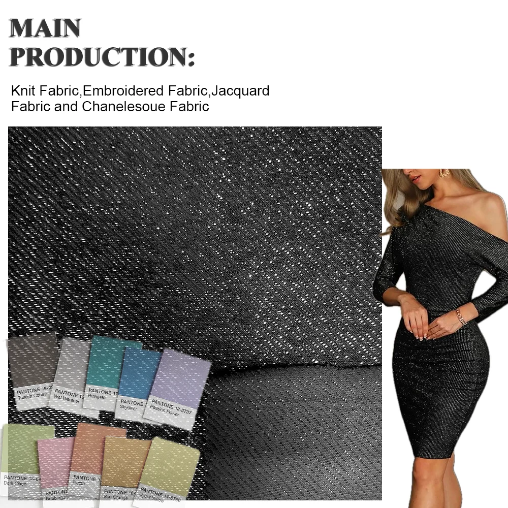 Wholesale 90%Polyester 5%Metal 5%Spandex Black Ribbed Pattern Knit Shiny Metal Lurex Fabric For Clothes