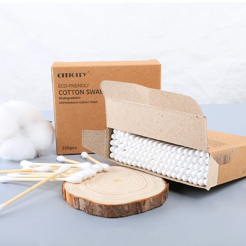 Custom Made 100PCS 100% eco friendly  bamboo Stick Cotton Swabs Double Round Head