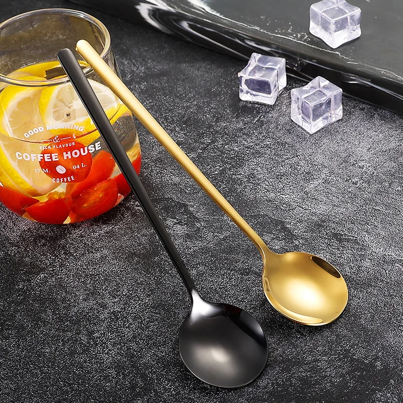 Coffee Spoon Stainless Steel Round Head Long Handle Ice Cream Stirring Dessert Honey Mixing Spoon Kitchen Tableware Decoration