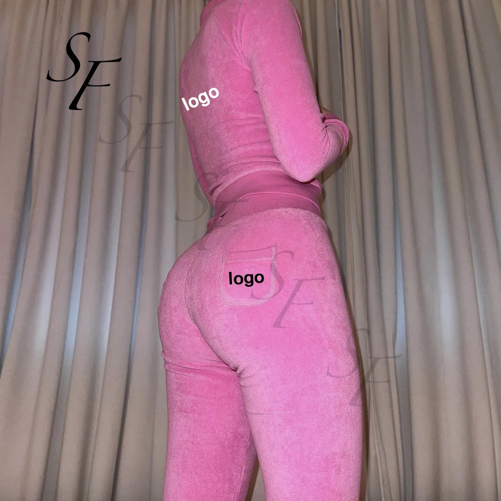 Custom Zip Up Crop Jacket Sweatpants Rhinestone/Embroidery Logo Women towel Sweatsuit Two Pieces Set terry Tracksuit