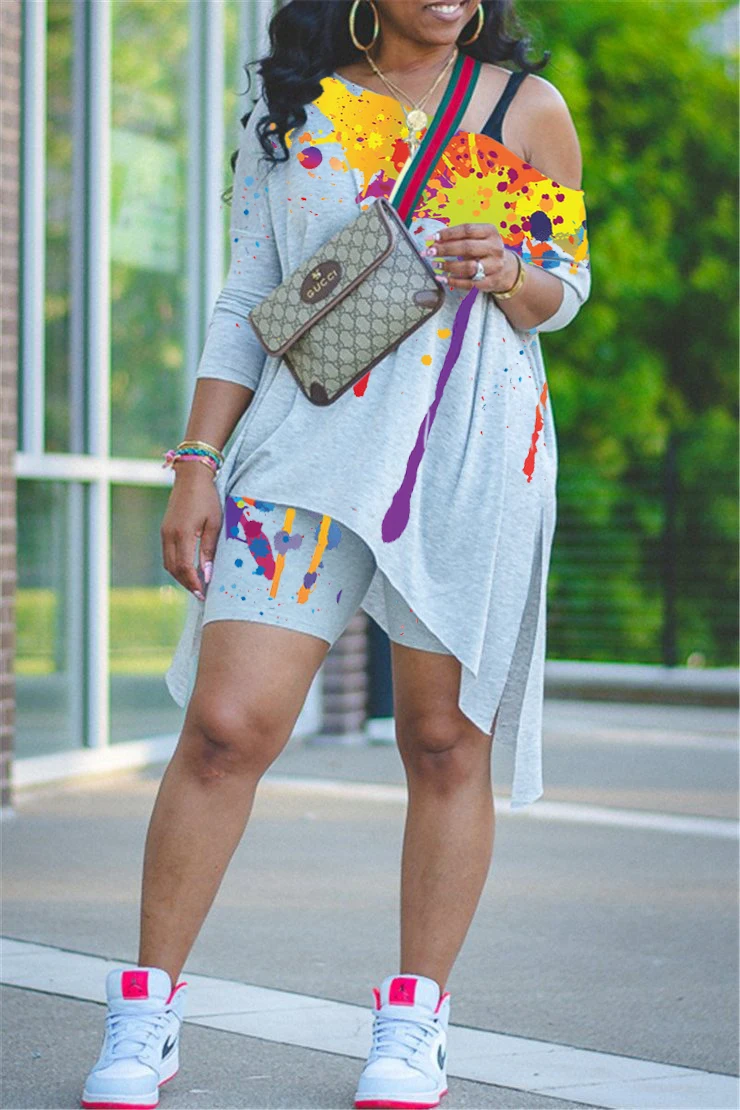 
2021 New Summer Women Casual Suit Positioning Ink-Splash Printing Diagonal Shoulder Two-Piece Set 0309009 