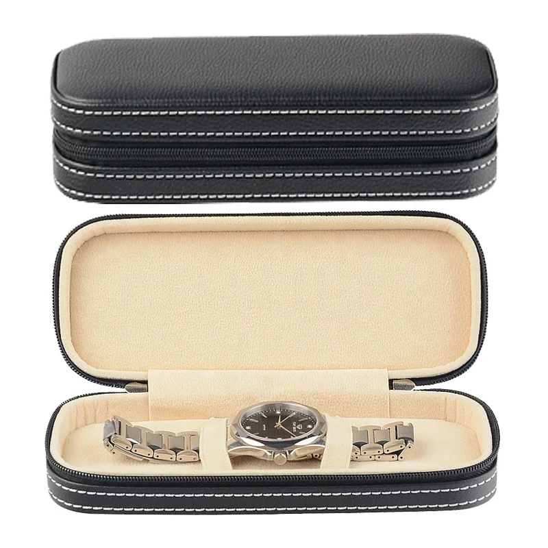 Дорожная упаковочная коробка для часов с застежкой-молнией, черный чехол из искусственной кожи, бежевая бархатная вставка для хранения мужских и женских часов