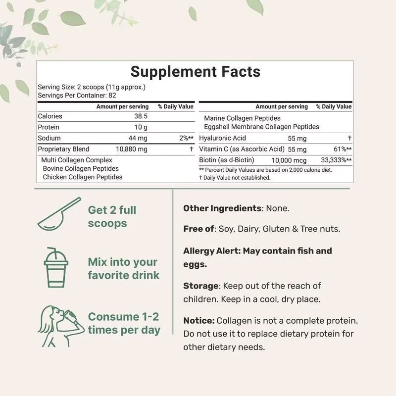 Multi Collagen Peptides Powder Hydrolyzed Protein Peptides with Hyaluronic Acid Biotin & Vitamin C Skin Joint Support Supplement