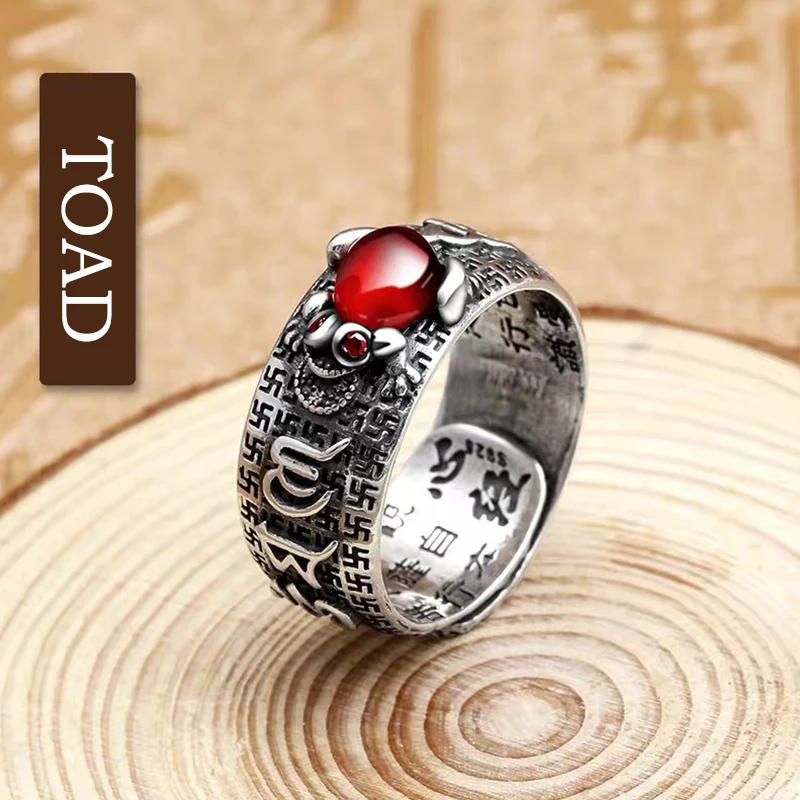 Silver Vintage Pixiu Protection Wealth Amulet Feng Shui Garnet Toad Mantra Heart Sutra Lucky Adjustable Ring for Unisex