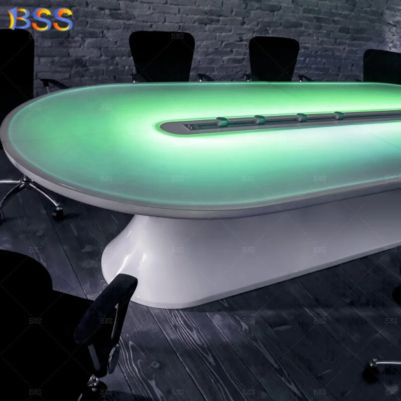 BSS Latest Stunning Unique 8 Seats Racetrack Shape Translucent Led Marble Luxury Oval Meeting Table