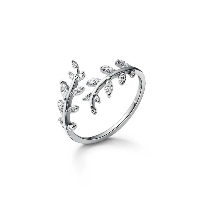 925 Sterling Silver Crystal Leaf Rings Wedding Jewelry Adjustable Antique Finger Ring for Women