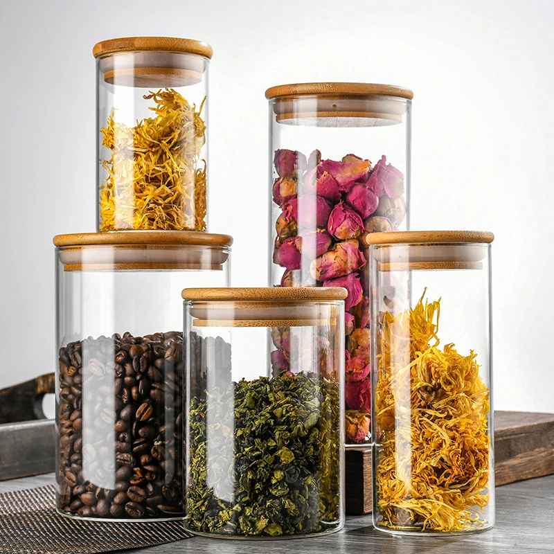 Wholesale Eco-friendly High Borosilicate Food Airtight Kitchen Glass Bottle Spice Storage Container with Bamboo Wooden Lids