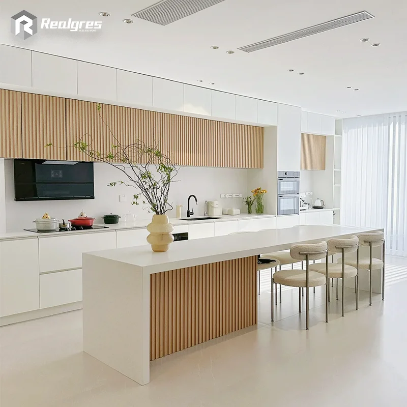 Realgres Modern Design Luxury Durable Cabinet with Grille Panel Exterior wood Grain Melamine Finish Mdf Wooden Kitchen Cabinets