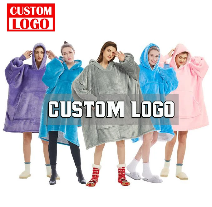Негабаритных нагревается носки подстежка на искусственном меху, домашние зимние ТВ с Капюшоном Одеяла с капюшоном из флиса с длинными рукавами изготовленный на заказ логос напечатал Толстовка одеяло