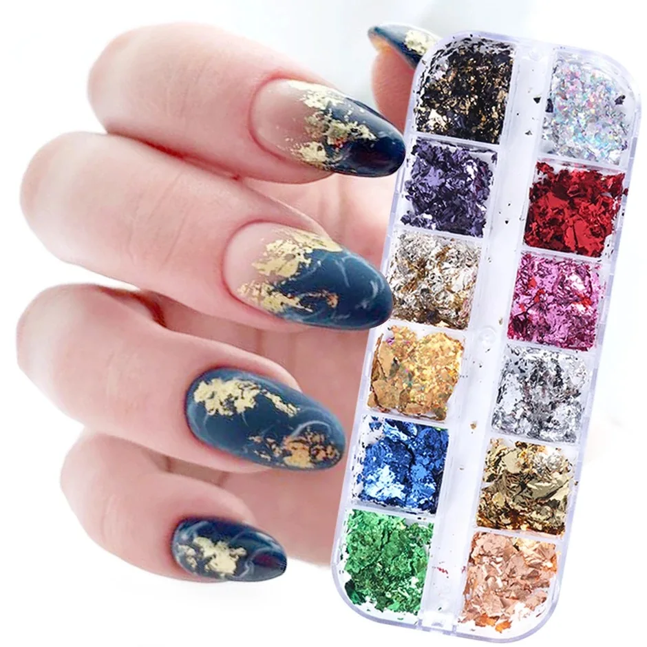 12 Grid Paillette Aluminum Irregular Gold Nail Foil Paper Sequins Pigment Nail Art Decoration Glitter Diy Nail Accessories