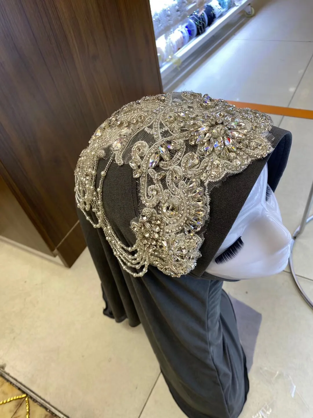 Heavy beaded rhinestone applique with crystal tassel bridal rhinestone lace applique for wedding gown neckline headband