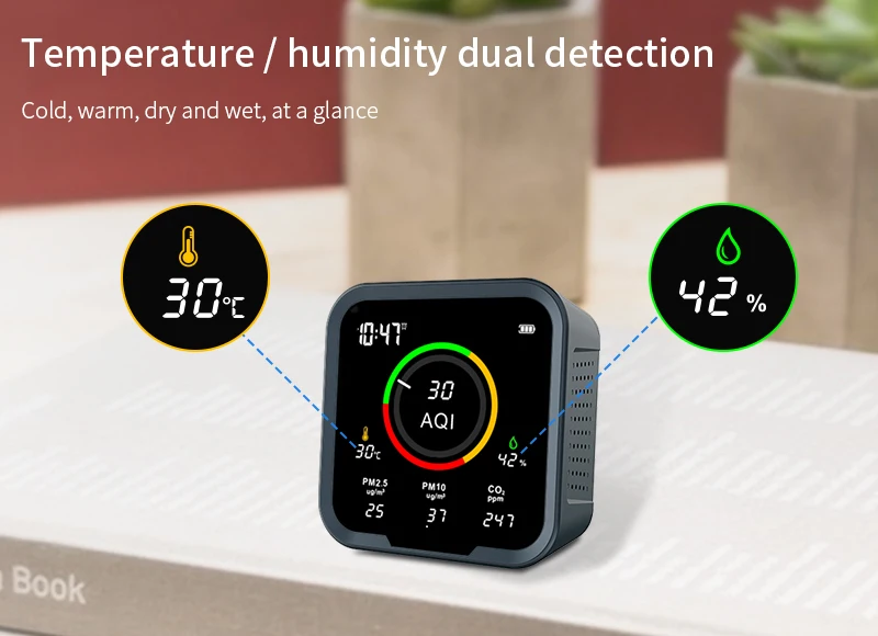 Detects AQI temperature and humidity Carbon Dioxide PM2.5 PM10 with Sound alarm PTH-9A Multi-function air monitor