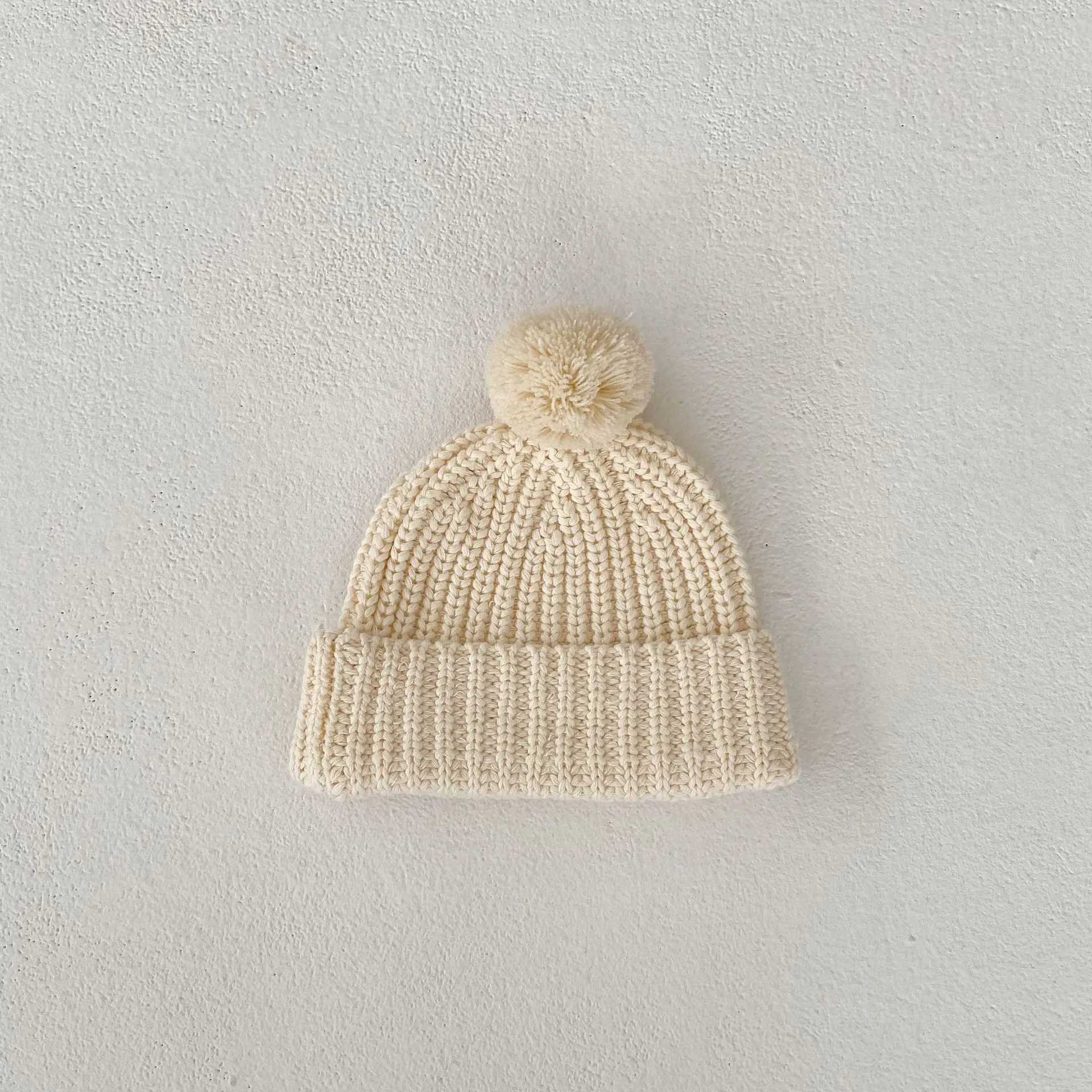 Cotton Cable Knitted Baby Sweater Baby Girl Cardigans with Poms Beanie Set