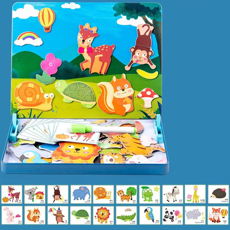 Diy Early Educational Toys Magnetic Jigsaw Puzzle Box Wooden Magnetic Drawing Board Puzzles Games