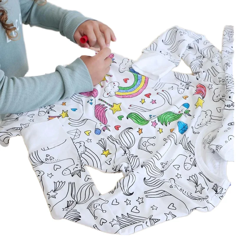 DIY Drawing Graffiti Loungewear Sleep Wears Unisex Kids Bamboo Pajamas Set Winter Cartoon Pattern for 4-6 Years Old Children