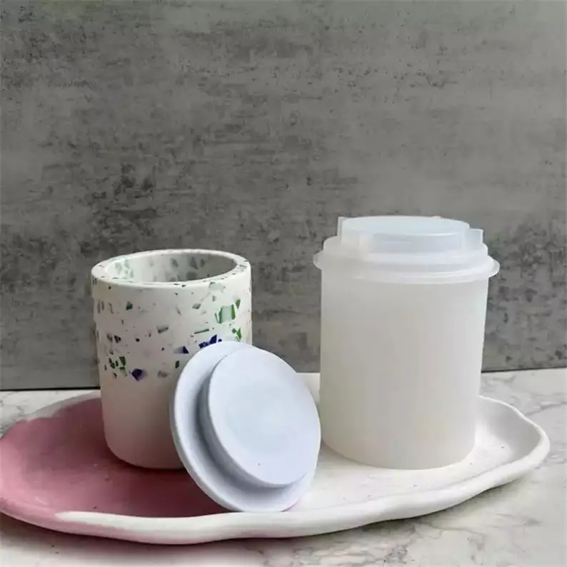 FLEN Concrete Molds Round Candle Holder with lid bottle Silicone resin Mold Nordic flower pot mold