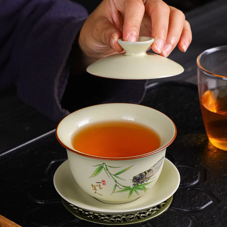 Ceramic Sancai Gaiwan Chinese Ru Yao Large Size Kongfu Tea Set Porcelain Tea Bowl Gai Wan With Different Colors and Pictures