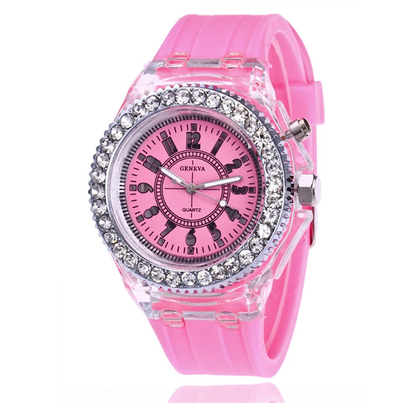 Colorful Rhinestone Led Luminous Glowing Sport Student Watches Quartz Candy Silicone Strap Watch For Couple