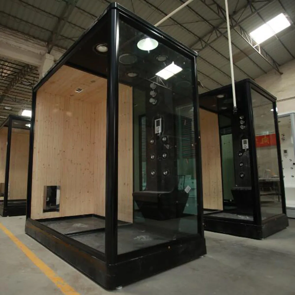 black steam room with wood sauna combined shower room