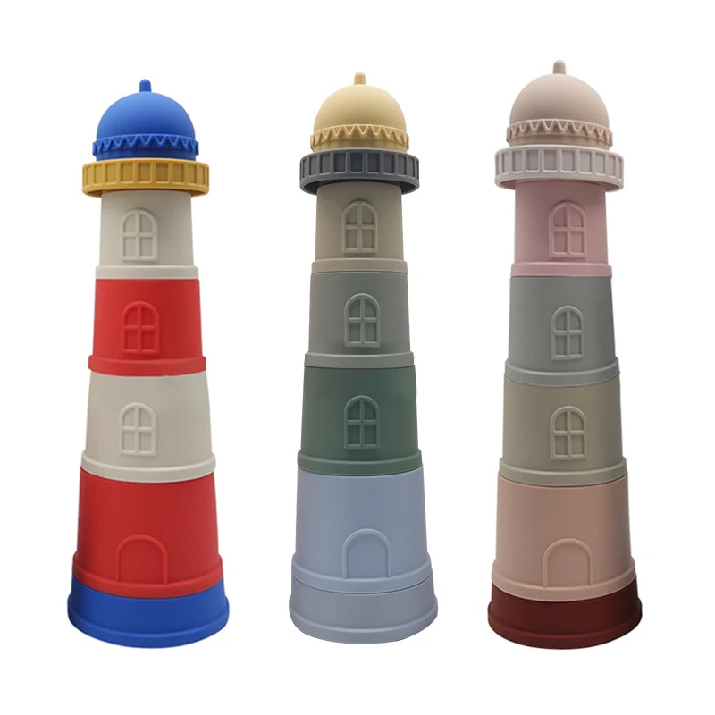 Beacon Shape Food Grade Stacking Cups Set Babi Toy Toy Puzzle Stacker Building Blocks Silicone Baby Stacking Toy