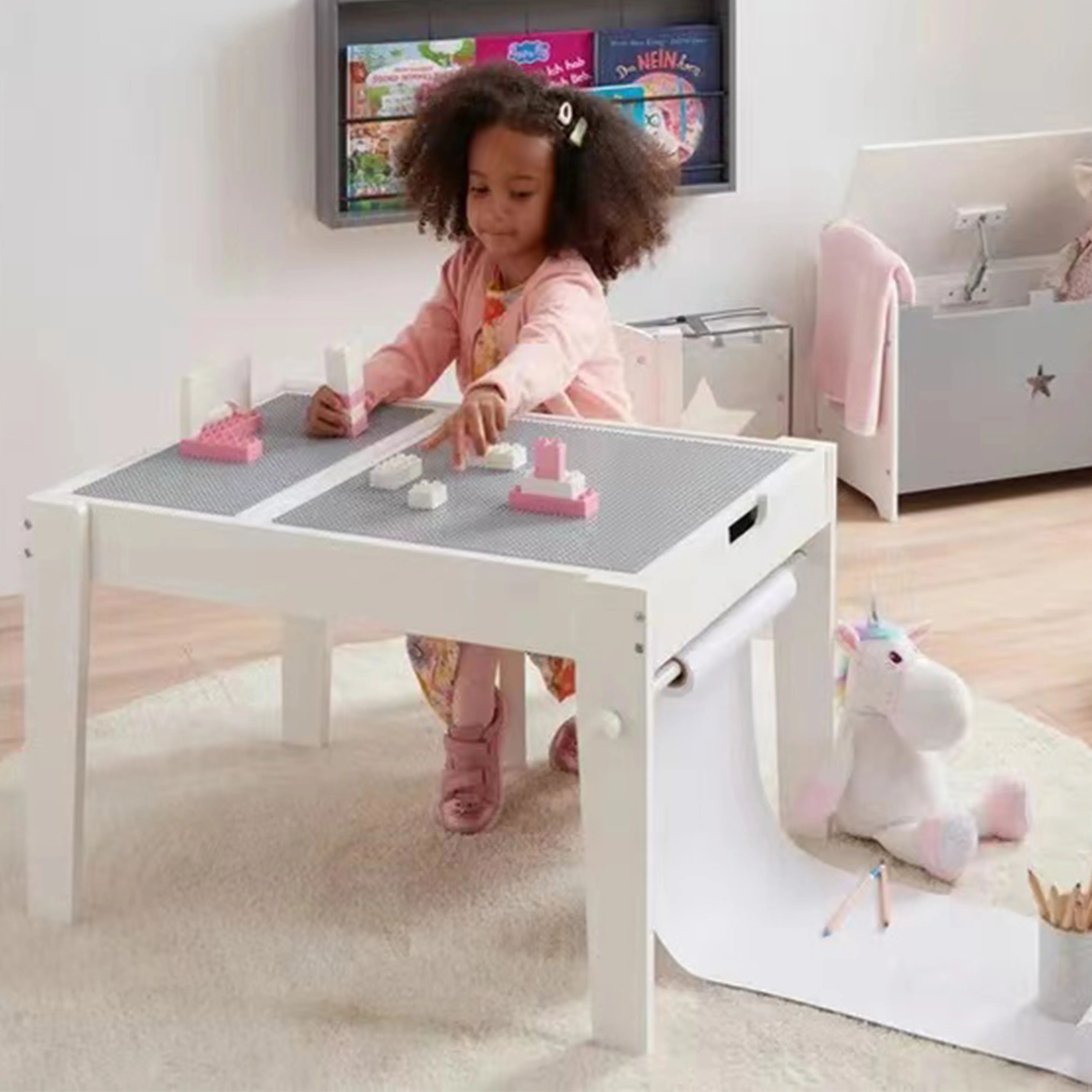 Wood Kids Lego Bricks Play Table with Reversible Desktop and Storage Drawer Wooden Activity Table Play set with Drawing paper