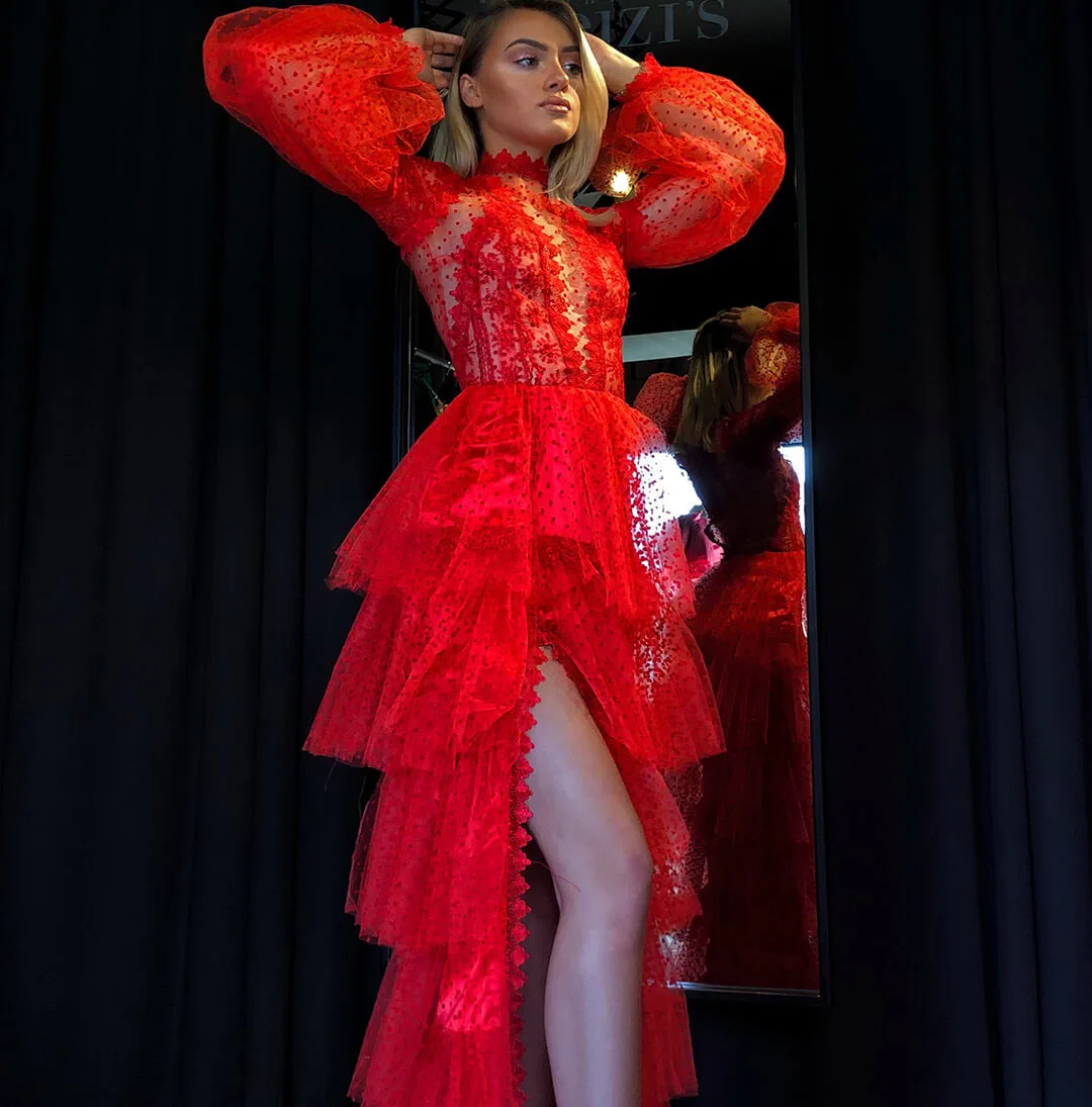 Droma new design fashion ruffled high split mesh sexy banquet formal women evening dress black