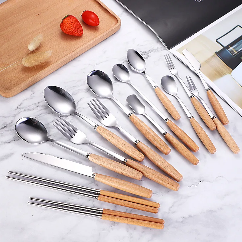 Stainless Steel Knife Fork Wooden Handle Western Tableware Hotel Steak Knife Fork Chopsticks Coffee Long Handle Spoon