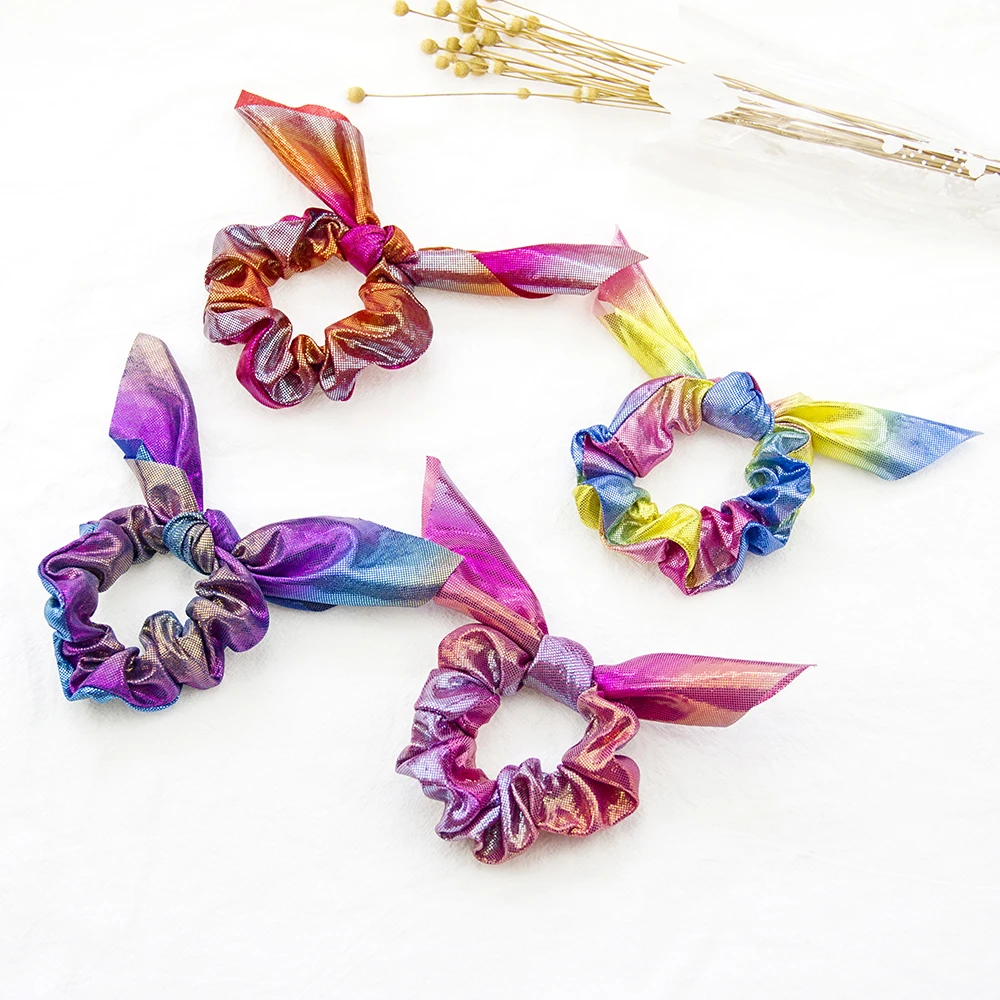 Fashion hair elastic band Shinny Mermaid bunny ear metallic scrunchies for ponytail holder Hair Accessories crunchies