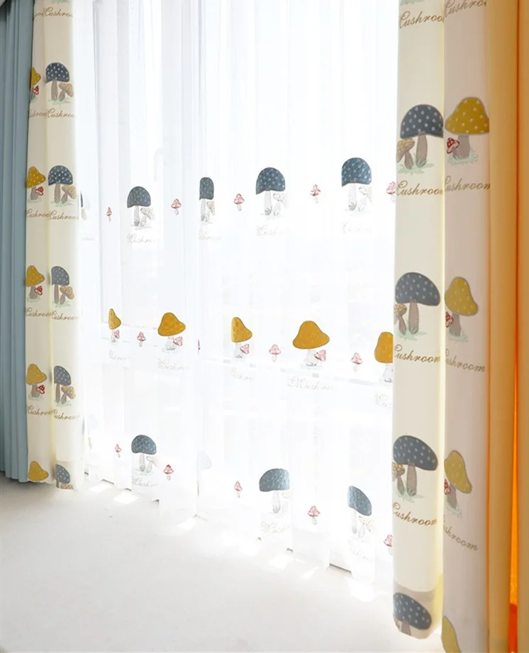 Mushroom Pattern Blackout Curtain Cartoon Embroidered Splice Window Drapes Tulle Curtains for Kid Girl Polyester Europe Woven