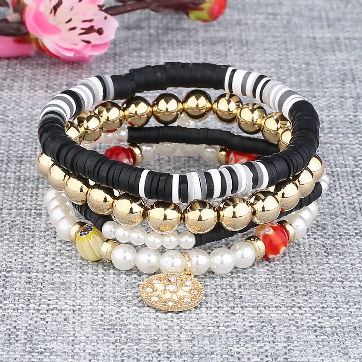 European and American Cross-Border Fashionable Ceramic Plate Set - Bohemian Style Glass Bead Multi-Layer Bracelet and Hand Jewel