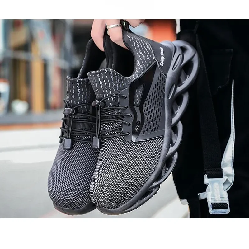 Style fashion light weight Slip resistant Rubber soft sole composite toe knitted safety shoes for industrial worker