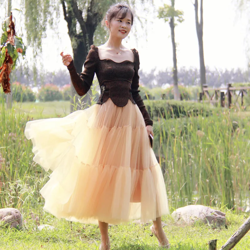 Fairy Elf Dancing Ballet Gauzy Dance Dress Two Layer Puffy Net Yarn Cake Skirt Large Swing Heavy Work Skirt