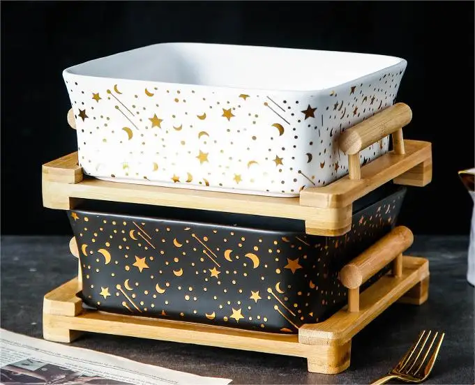 Nordic modern square stoneware fruit and vegetable salad wooden frame ceramic storage bowl