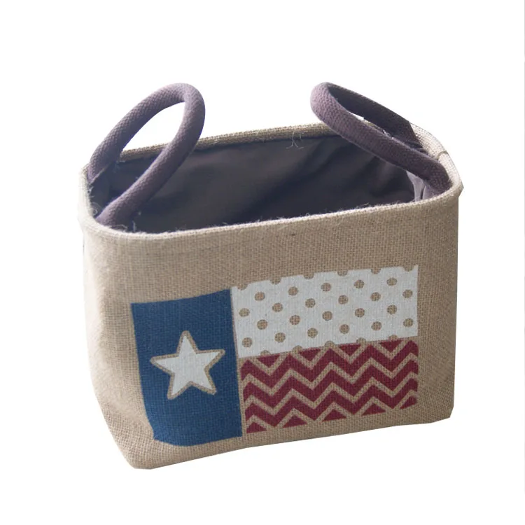Factory direct sale rectangular and oval clothes toy storage box organizer fabric linen jute printed storage basket with carry h