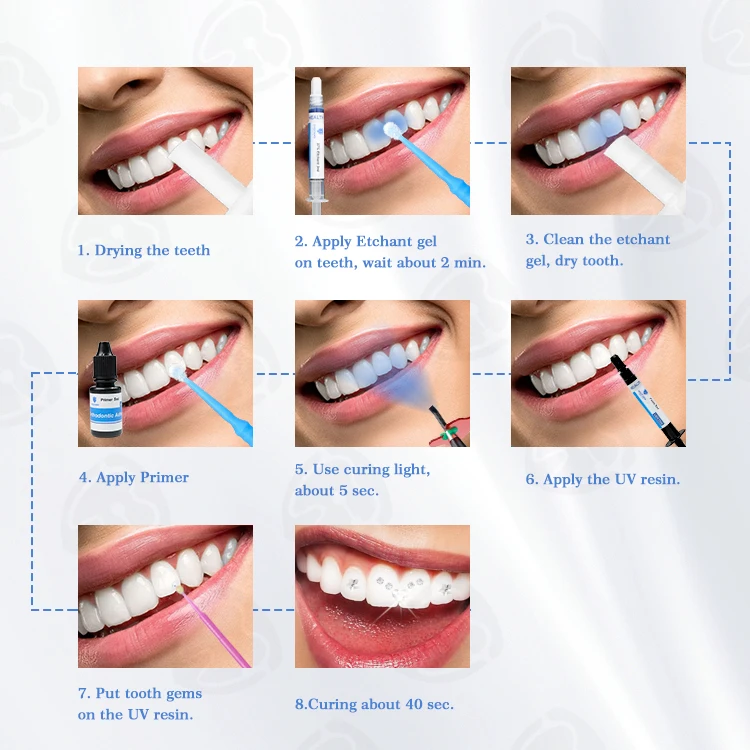 wholesale OEM crystal light cure Tooth gem kit  Professional Teeth gem whitening Diy tooth gem adhesive kit
