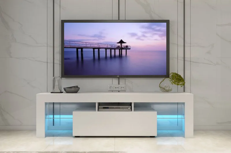 
200CM TV Stand Cabinet LED Light High Gloss with Storage Cupboards & Glass Shelf Living Room Furniture 