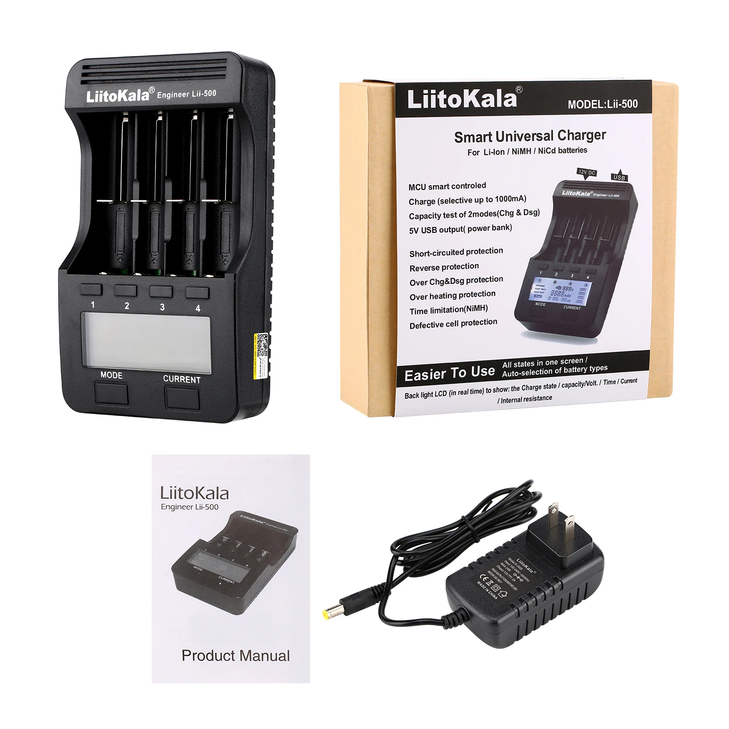 Liitokala lii-500 LCD 3.7V/1.2V AA/AAA 18650/26650/16340/14500/10440/18500 lithium Battery Charger with with screen 12V adapter