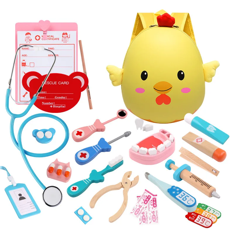 Montessori Educational Wooden Toys Set Children Pretend Play Nurse and Doctor Toy with Simulation Medicine Box Wood Material