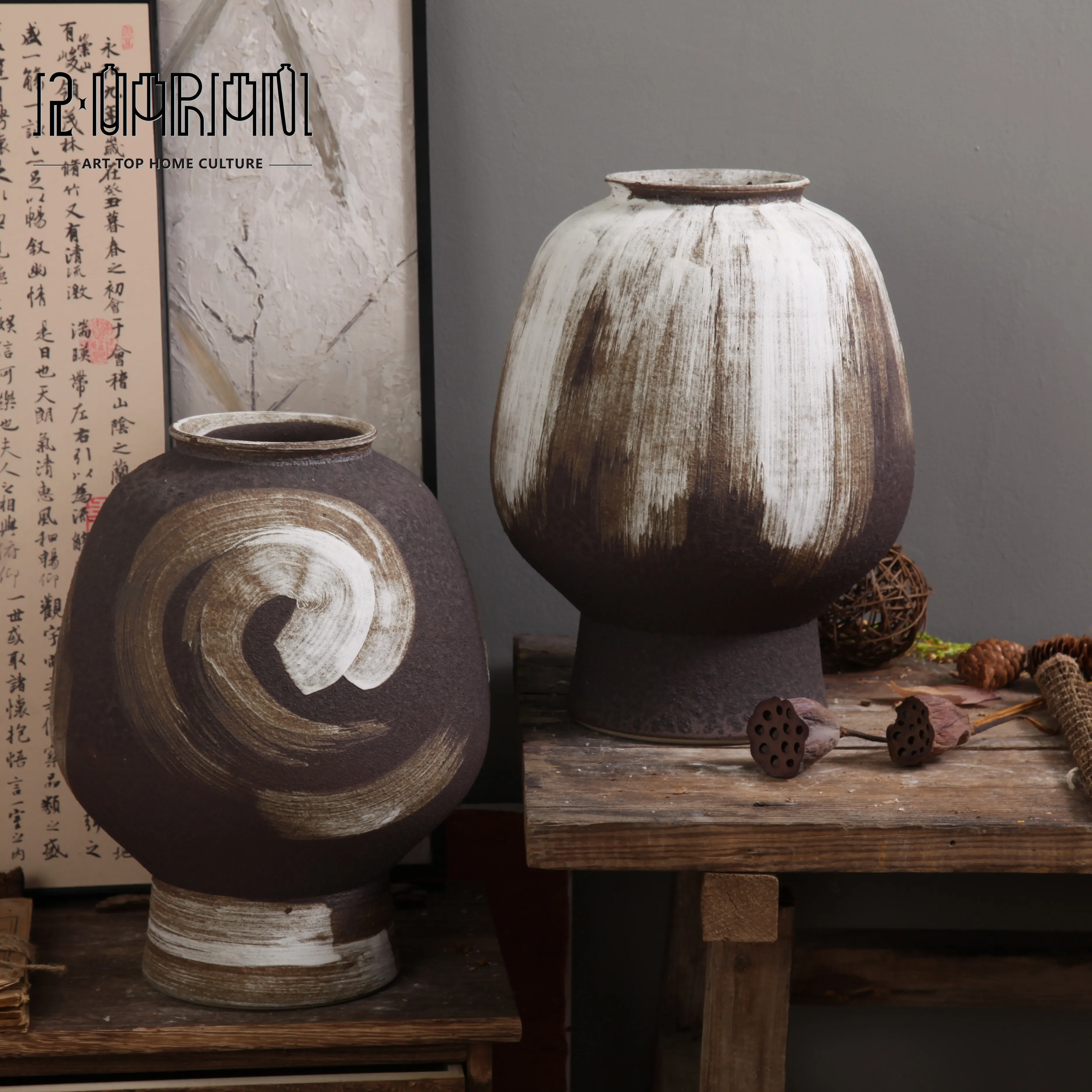 Rustic pottery Antique terracotta Traditional Chinese retro Unique textured  Ceramic Clay Handmade Matt Vase