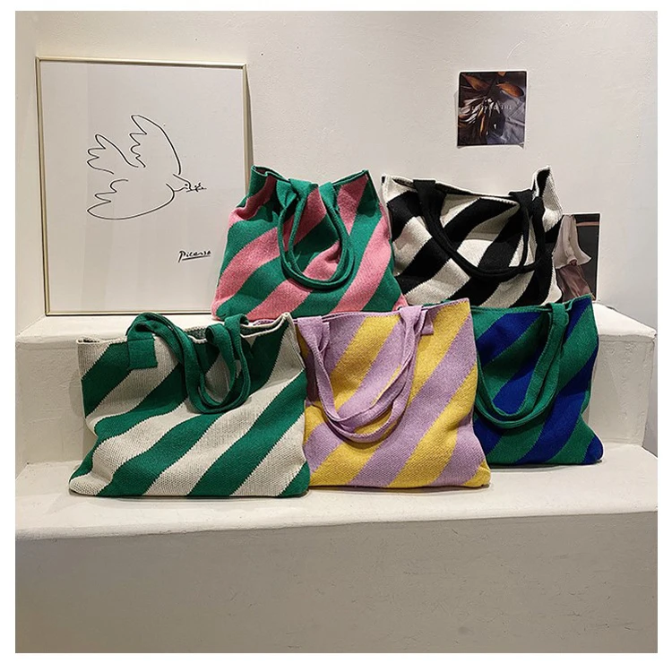 Hangai Factory New Designer Knitted Shoulder Bag Shopping Unique Bag Stripe Tote Handbag