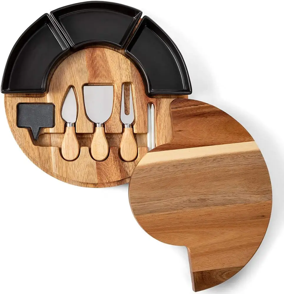 Новый дизайн, Вращающаяся круглая сервировочная тарелка из дерева акации, доска для сыра с 2 ножом, Мраморная тарелка, 3 керамических чаши