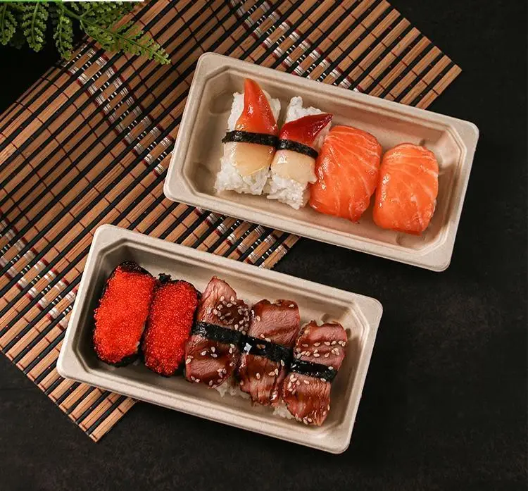 Biodegradable Sugarcane Bagasse Sushi Container Disposable Pulp Products Food Packaging Box With Anti Fog PET Lid