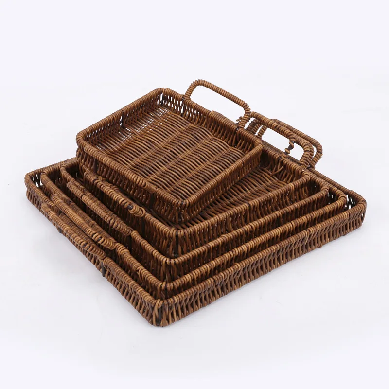 
Square Double Ear Handle Rattan Basket Fruit Household Living Room Snack Storage Basket 