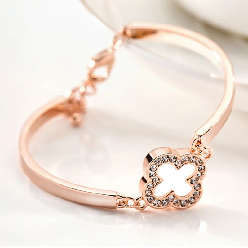 Clover Jewelry SetFine Jewelry Adjustable Designer Rose Gold Silver Plated Four Leaf Clover Bangle Charm Bracelet