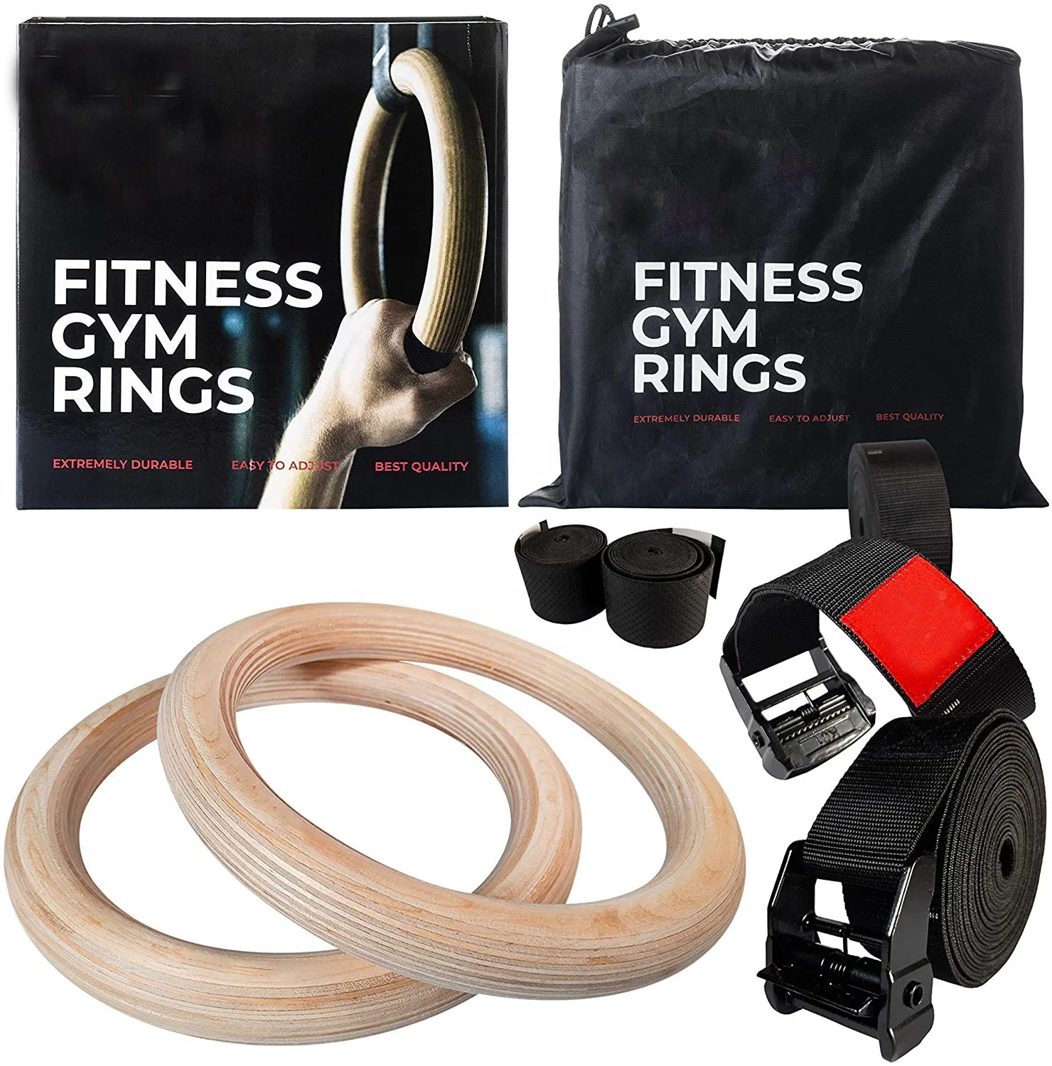 Wooden Gymnastic Rings with Adjustable Straps