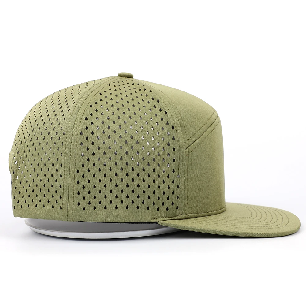 Oem Cheap Custom 5 Panel Men Blank Green Polyester Quick Dry Laser Cut Hat Breathable Perforated Hole Hat Flat Brim Snapback Cap